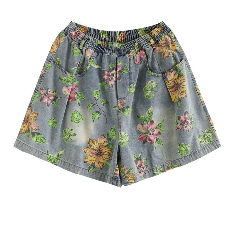 Short En Denim De Coton Imprimé Floral Pour Femmes Lâches D'été