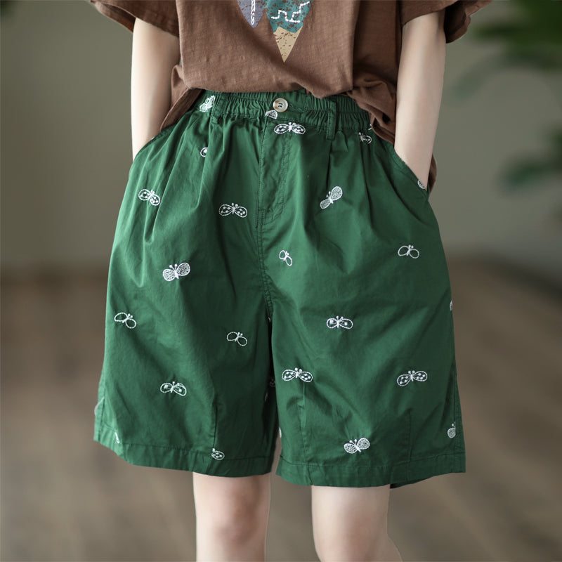 Short D'été En Coton Brodé Papillon Rétro Pour Femme