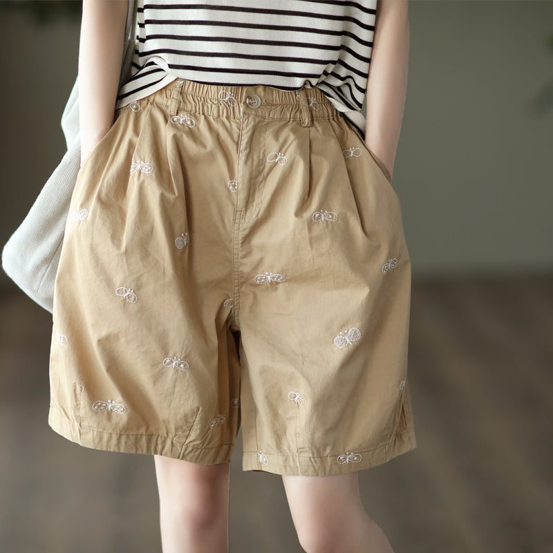 Short D'été En Coton Brodé Papillon Rétro Pour Femme