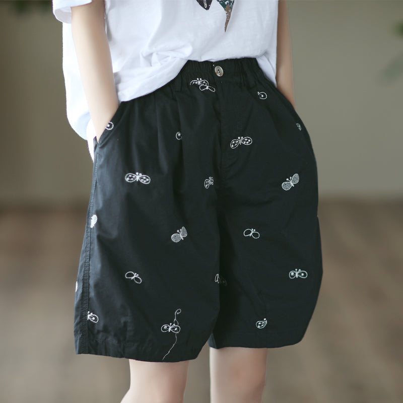 Short D'été En Coton Brodé Papillon Rétro Pour Femme