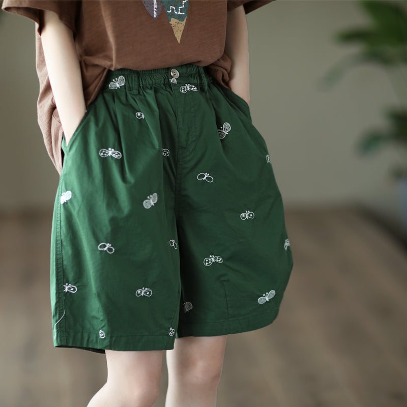 Short D'été En Coton Brodé Papillon Rétro Pour Femme