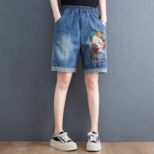 Short En Jean Brodé Rétro Pour Femme