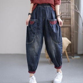 Automne Plus Size Navy Retro Casual Cotton Denim Pants