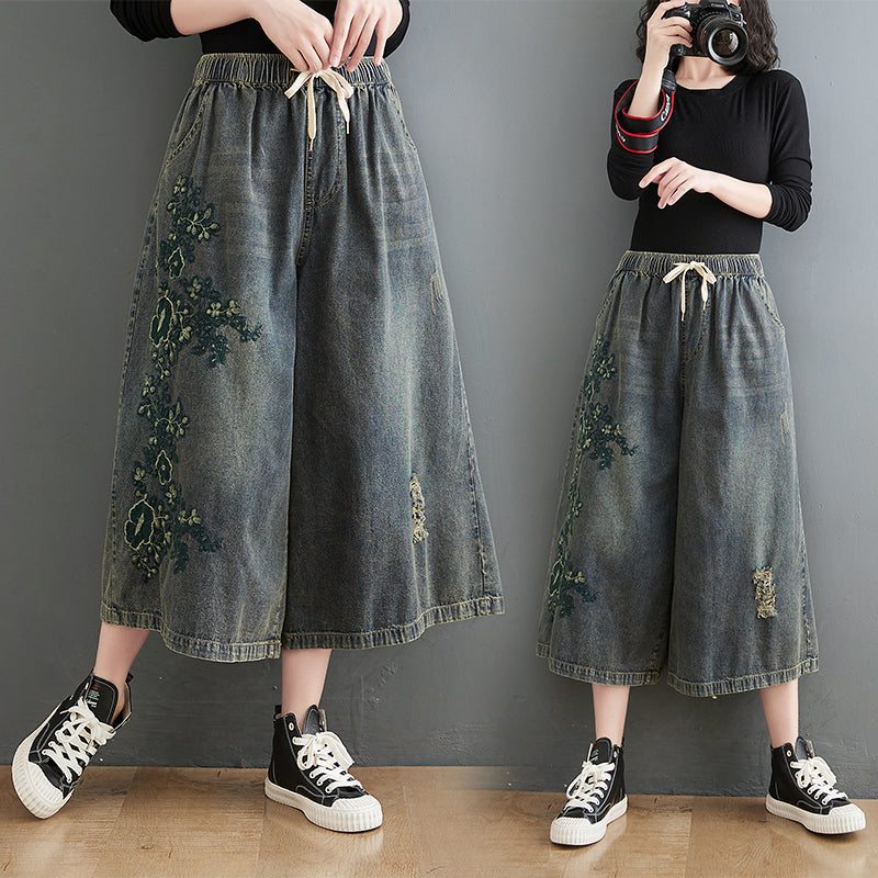 Jeans Lâches Déchirés À Fleurs Avec Broderie Rétro Printanière