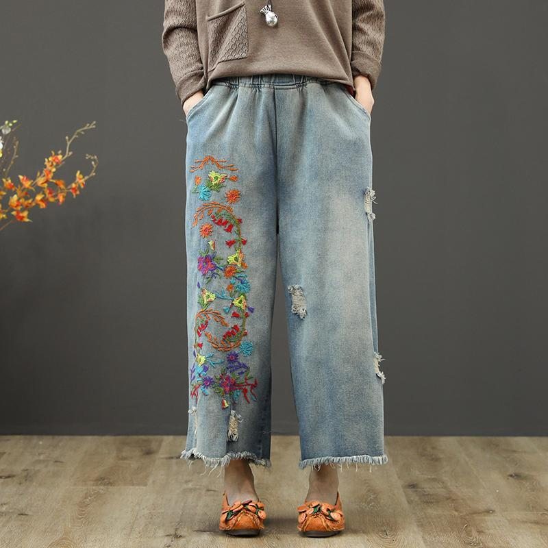 Nouveau Pantalon Ample En Denim À Broderies Rétro