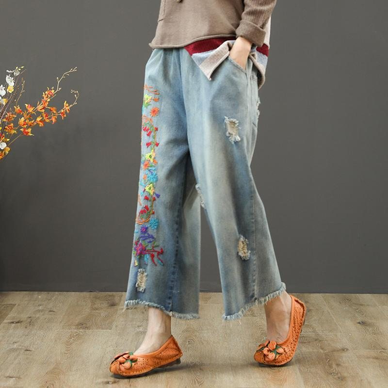 Nouveau Pantalon Ample En Denim À Broderies Rétro