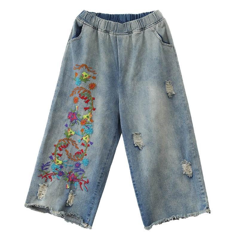 Nouveau Pantalon Ample En Denim À Broderies Rétro