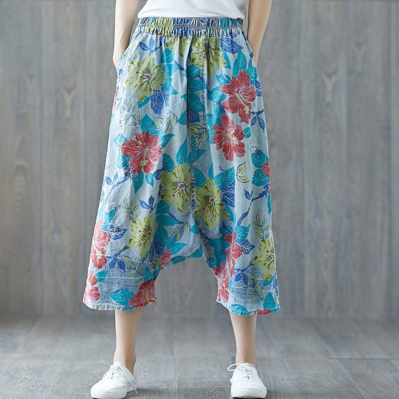 Pantalon Ample Déchiré À L'entrejambe Avec Cordon De Serrage Floral