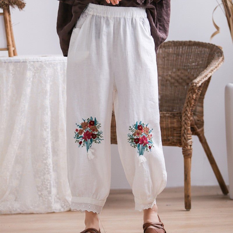 Pantalon De Broderie Florale Ample En Lin Pour Femmes De Printemps