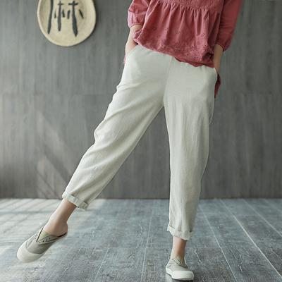 Pantalon Confortable À Taille Élastique En Lin De Coton