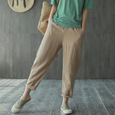 Pantalon Confortable À Taille Élastique En Lin De Coton