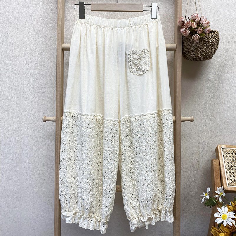 Pantalon En Coton Creux Patchwork De Broderie D'été Pour Femmes