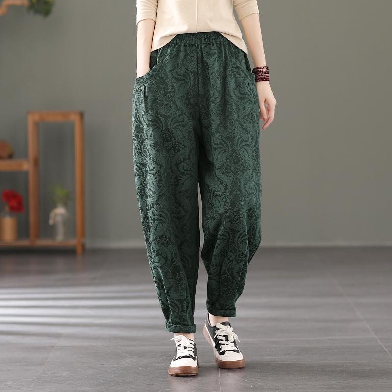 Pantalon En Coton Et Lin Décontracté À Fleurs Rétro D'automne