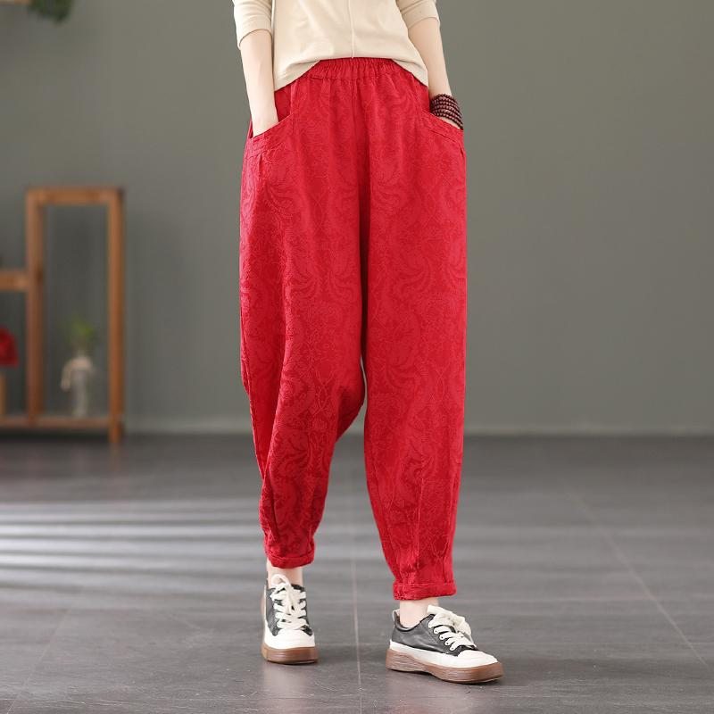 Pantalon En Coton Et Lin Décontracté À Fleurs Rétro D'automne