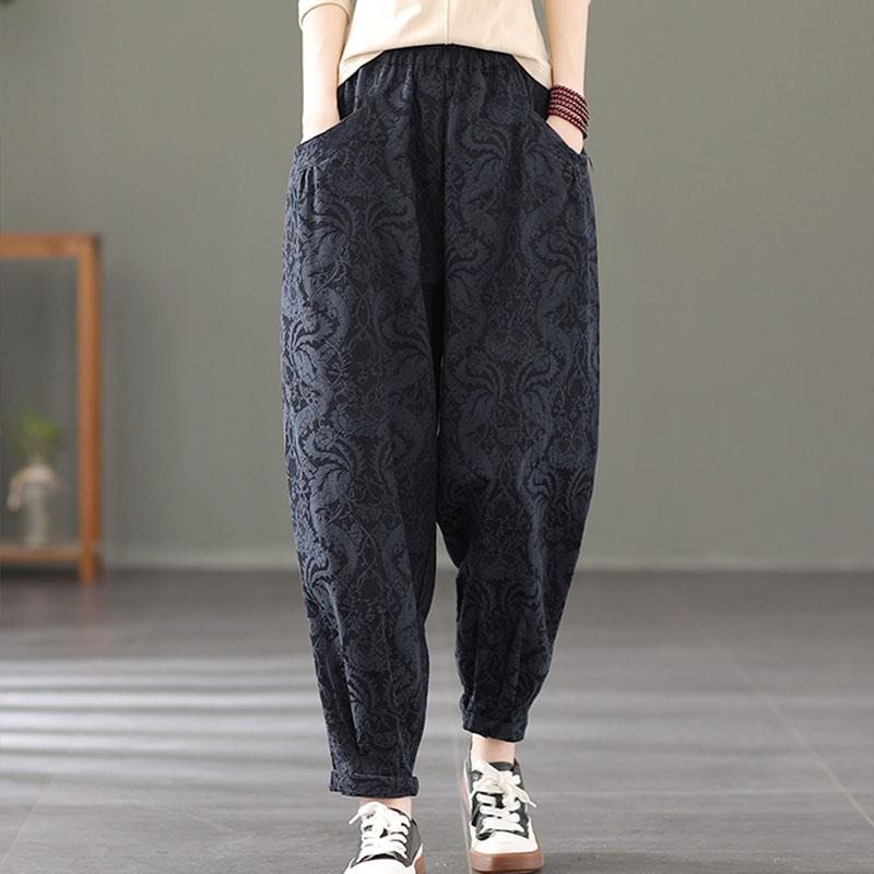 Pantalon En Coton Et Lin Décontracté À Fleurs Rétro D'automne