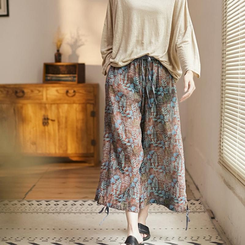 Pantalon Court Imprimé Ample En Coton Et Lin