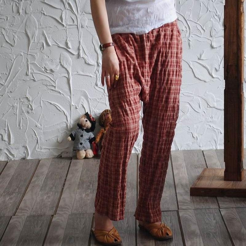 Pantalon Croisé À Taille Élastique En Lin Vintage À Carreaux