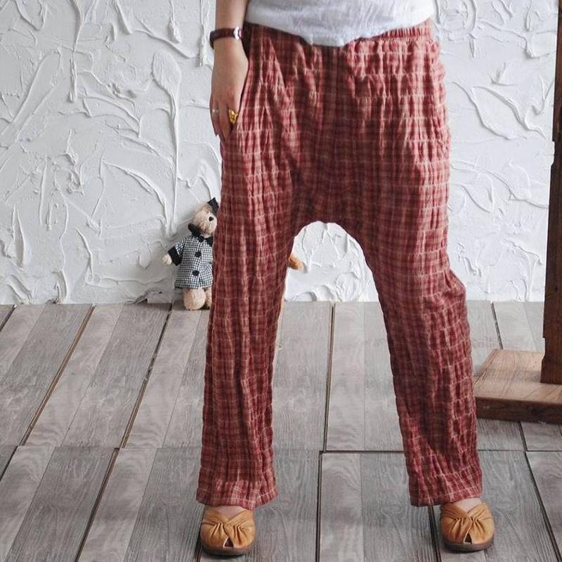 Pantalon Croisé À Taille Élastique En Lin Vintage À Carreaux