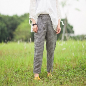 Pantalon Décontracté À Carreaux En Coton Et Lin De Printemps