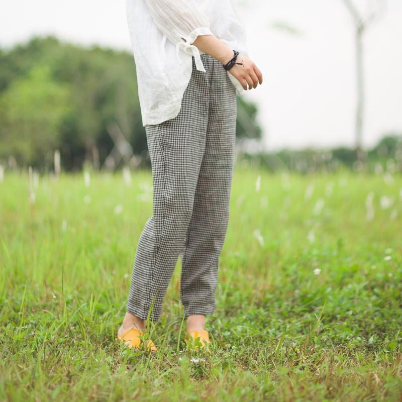 Pantalon Décontracté À Carreaux En Coton Et Lin De Printemps