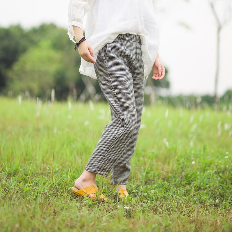 Pantalon Décontracté À Carreaux En Coton Et Lin De Printemps