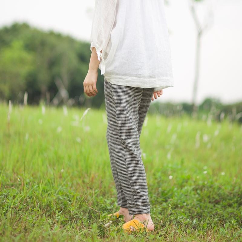 Pantalon Décontracté À Carreaux En Coton Et Lin De Printemps