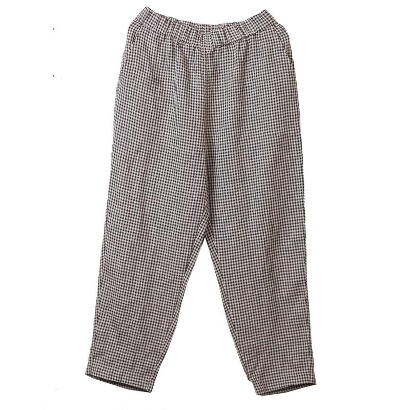 Pantalon Décontracté À Carreaux En Coton Et Lin De Printemps