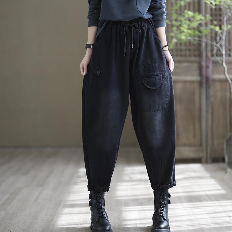 Pantalon Décontracté En Coton À Laçage Rétro Noir Automne