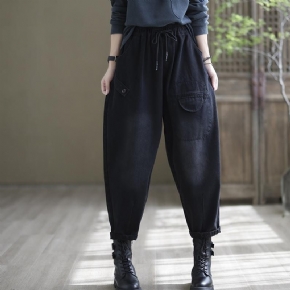 Pantalon Décontracté En Coton À Laçage Rétro Noir Automne