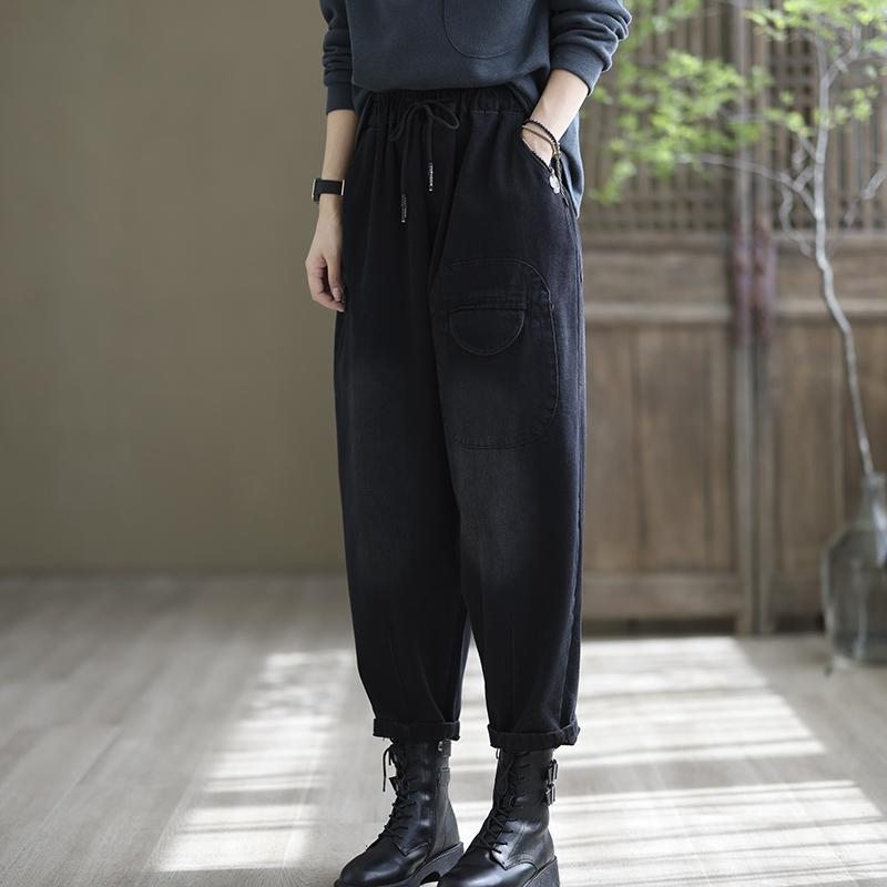 Pantalon Décontracté En Coton À Laçage Rétro Noir Automne