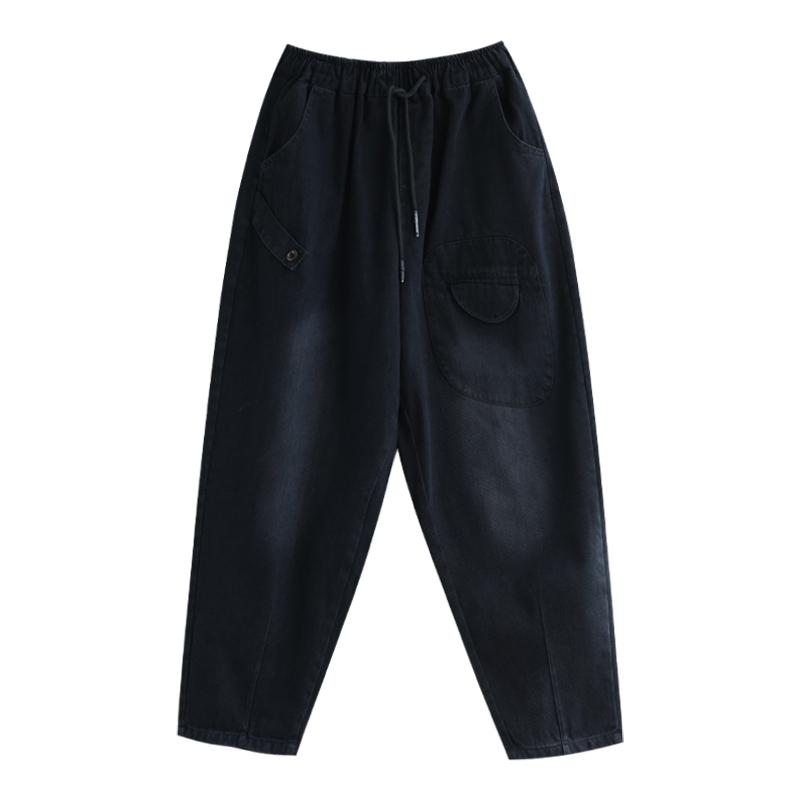 Pantalon Décontracté En Coton À Laçage Rétro Noir Automne