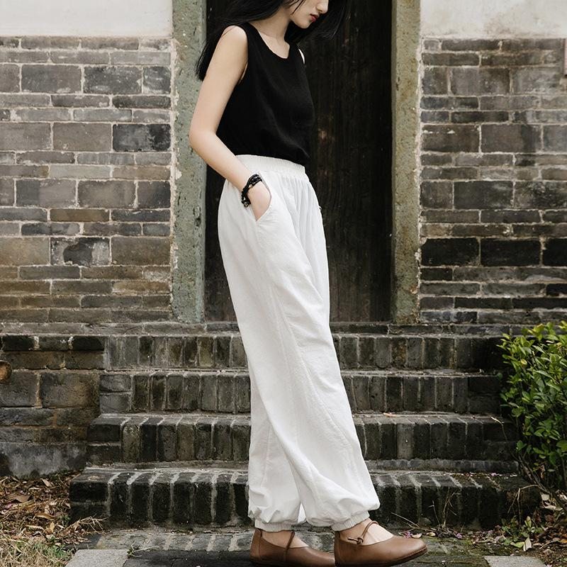 Pantalon Décontracté À Coutures Lâches Pour Femmes En Coton Et Lin