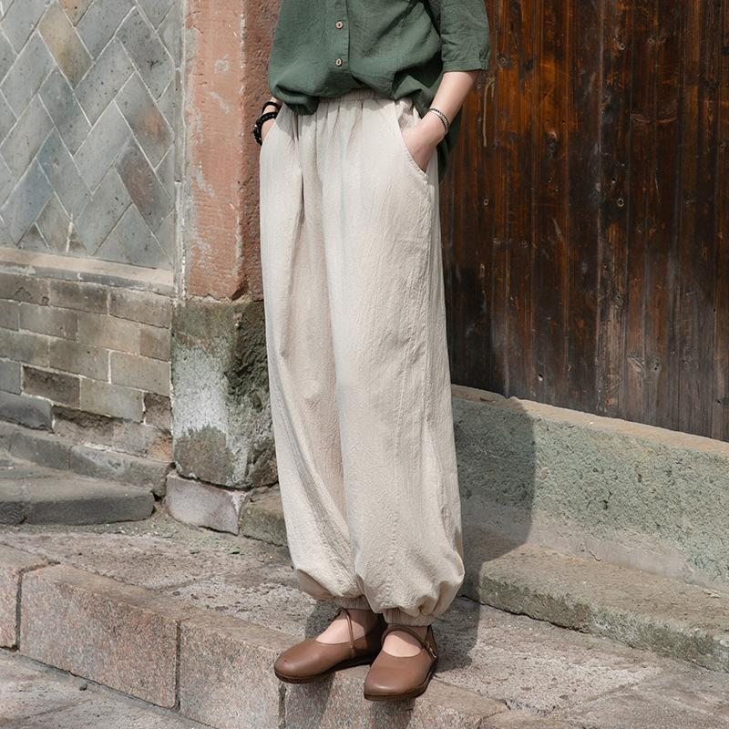 Pantalon Décontracté À Coutures Lâches Pour Femmes En Coton Et Lin