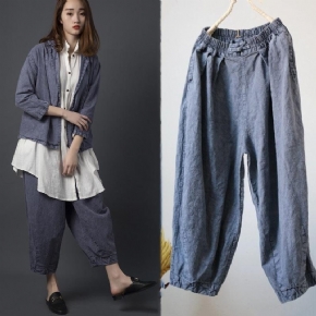 Pantalon Décontracté Pour Femme Teint À L'ancienne En Coton Et Lin