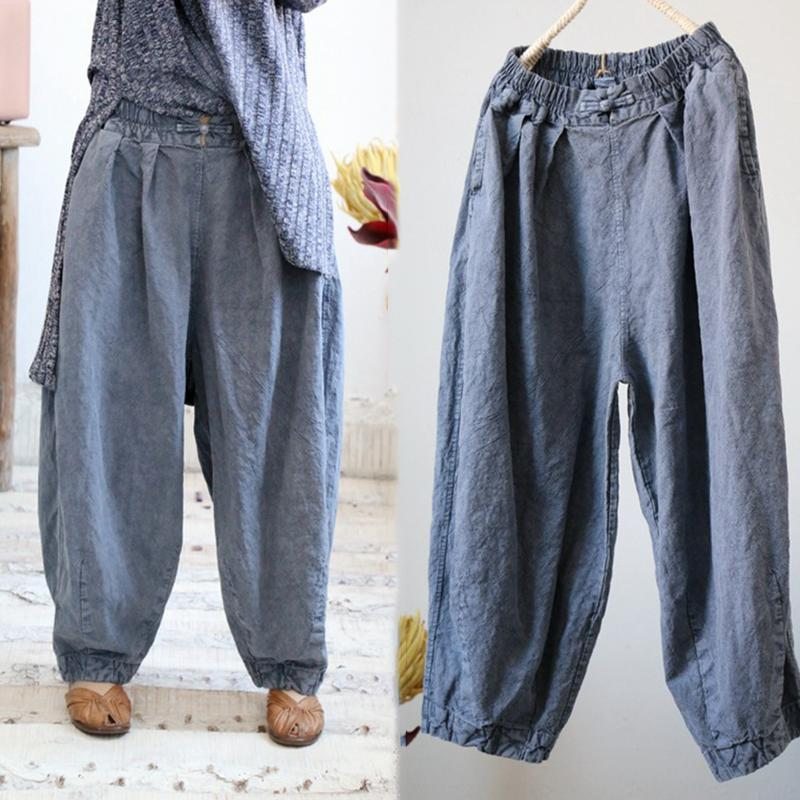 Pantalon Décontracté Pour Femme Teint À L'ancienne En Coton Et Lin