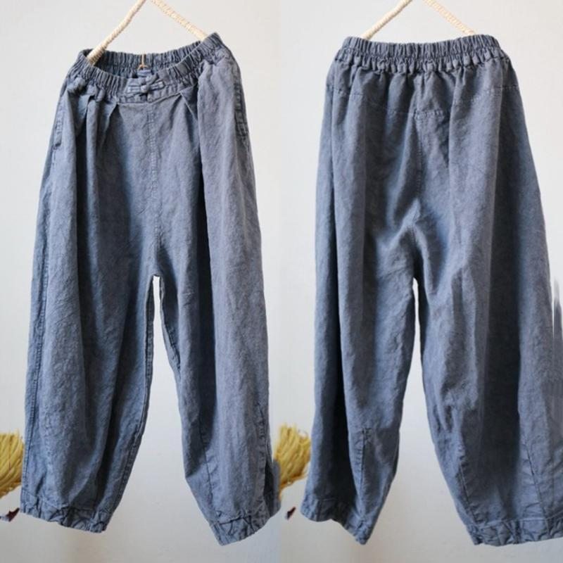 Pantalon Décontracté Pour Femme Teint À L'ancienne En Coton Et Lin