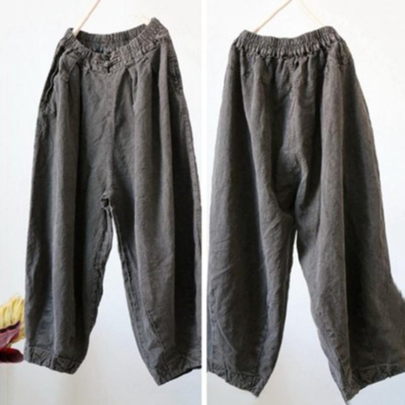 Pantalon Décontracté Pour Femme Teint À L'ancienne En Coton Et Lin