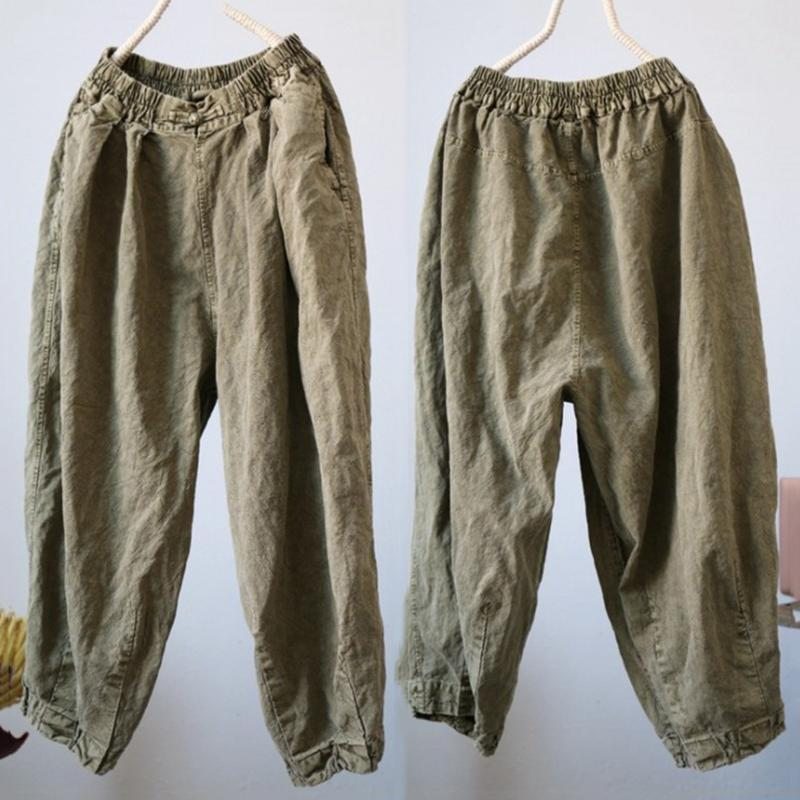 Pantalon Décontracté Pour Femme Teint À L'ancienne En Coton Et Lin