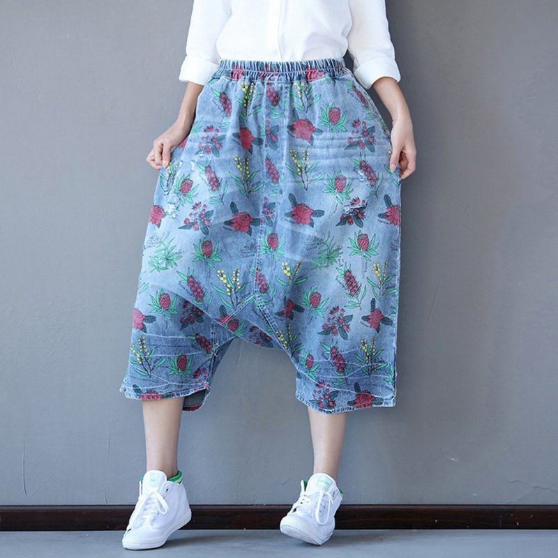 Pantalon Décontracté À Fleurs Avec Poches À L'entrejambe