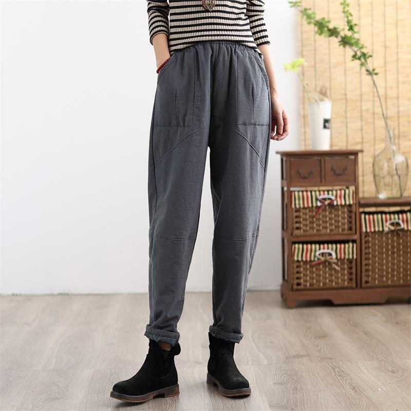 Pantalon Décontracté Hiver Rétro Épais En Coton Et Lin