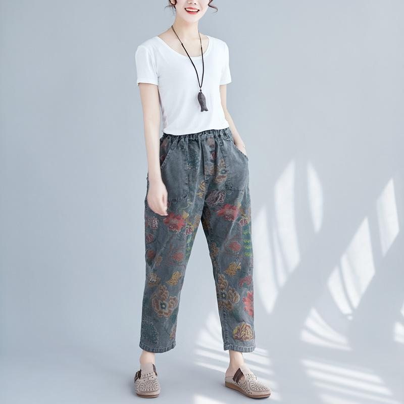 Pantalon Décontracté À Imprimé Floral Vintage Pour Femmes