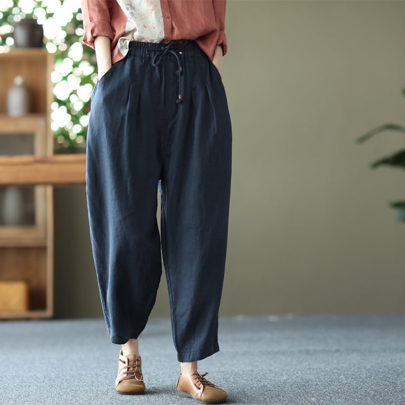 Pantalon Décontracté À Laçage Rétro En Lin Pour Femmes