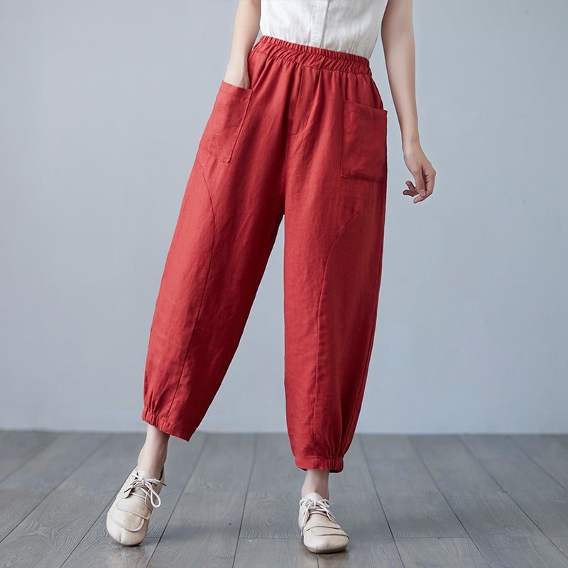 Pantalon Décontracté En Lin De Coton Uni Vintage De Printemps