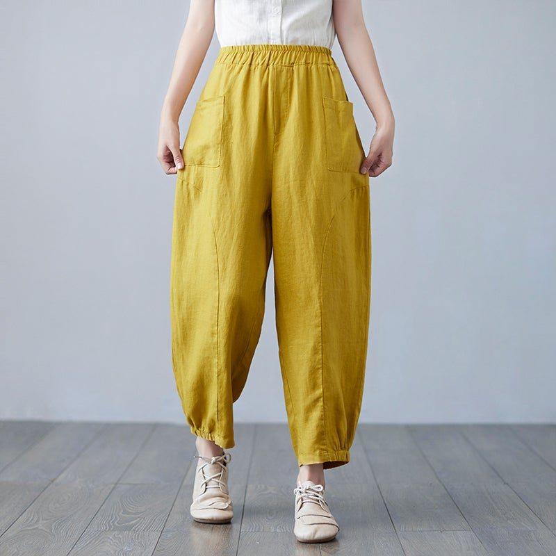 Pantalon Décontracté En Lin De Coton Uni Vintage De Printemps