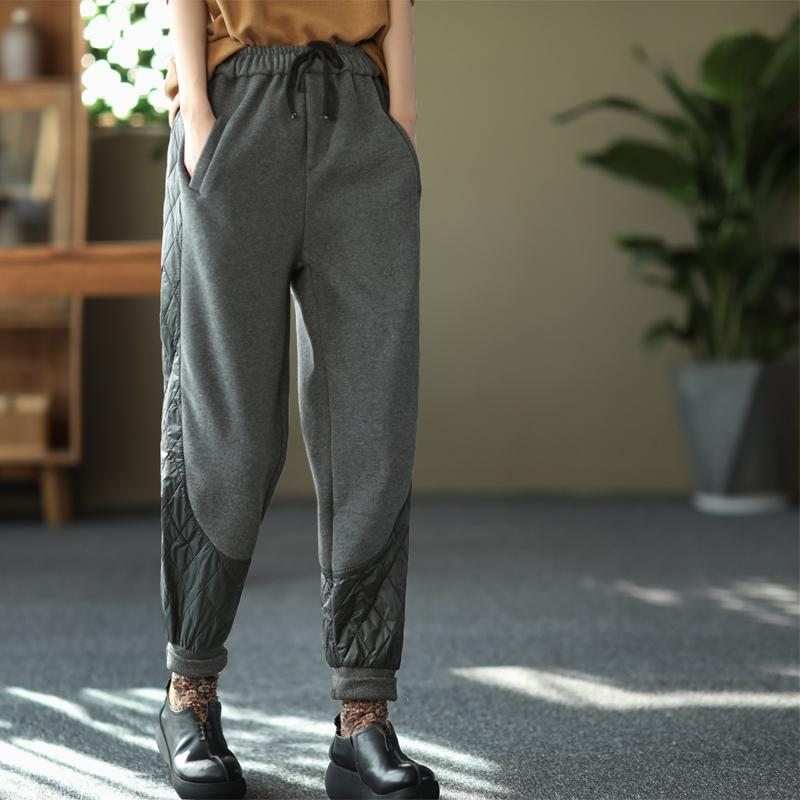 Pantalon Décontracté Patchwork Épais À Taille Élastique D'hiver