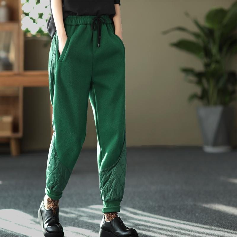 Pantalon Décontracté Patchwork Épais À Taille Élastique D'hiver