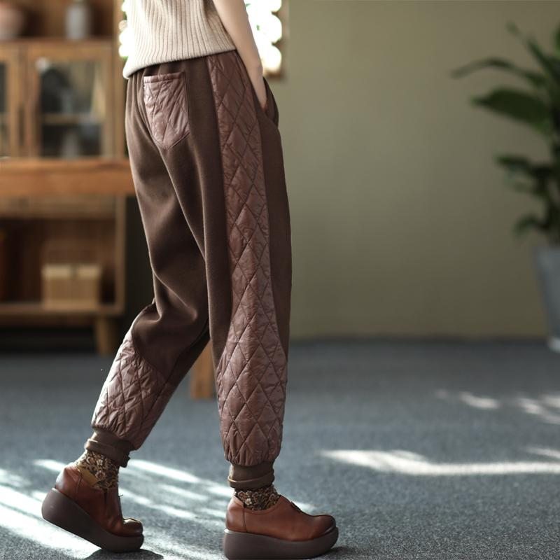 Pantalon Décontracté Patchwork Épais À Taille Élastique D'hiver