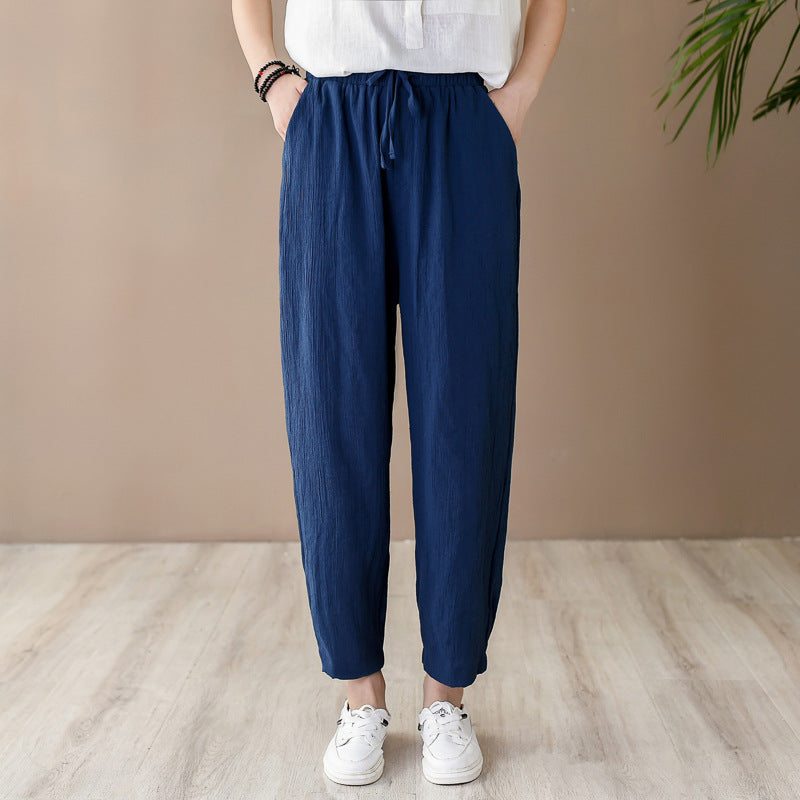 Pantalon Décontracté Printemps Été Femme Coton Lin Rétro