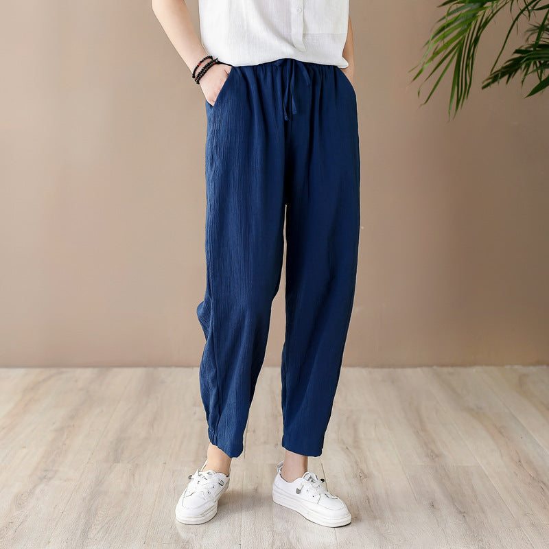 Pantalon Décontracté Printemps Été Femme Coton Lin Rétro