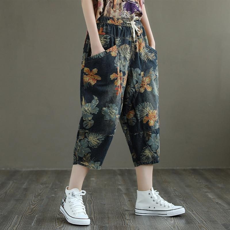 Pantalon En Denim Ample À Imprimé Floral Rétro Grande Taille